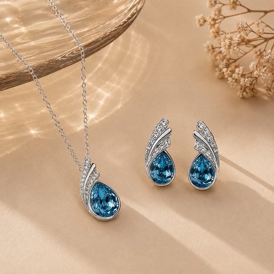 Ocean Blue Austrian Crystal Necklace Set with Crystal earrings