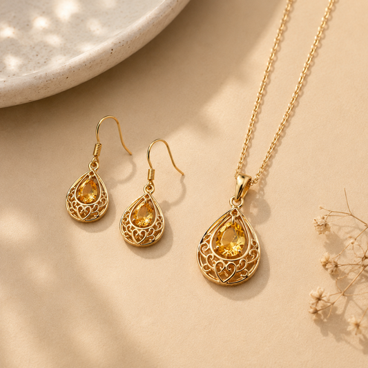 Cyan waterdrop golden pendant set for women