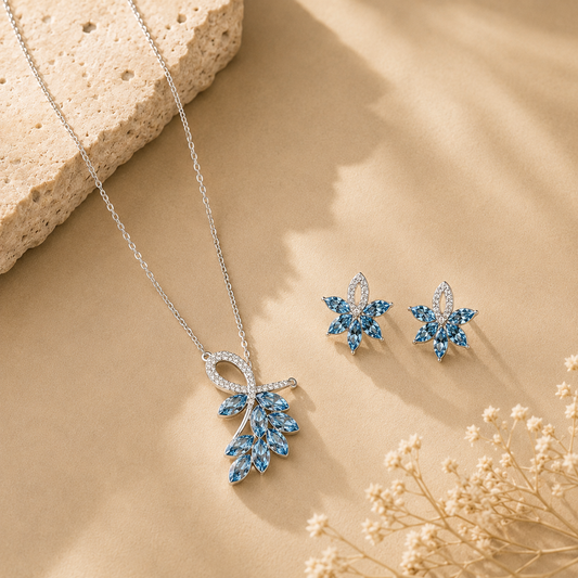 Cyan leaf style blue pendant set for women