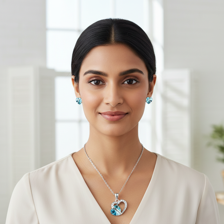 Cyan Heart Shape Austrian Crystal Rhodium plated Jewelry set