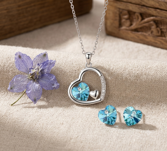 Cyan Heart Shape Austrian Crystal Rhodium plated Jewelry set