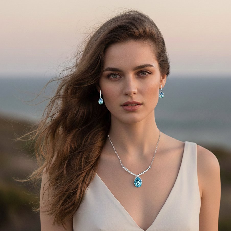 Cyan teardrop blue pendant set for women