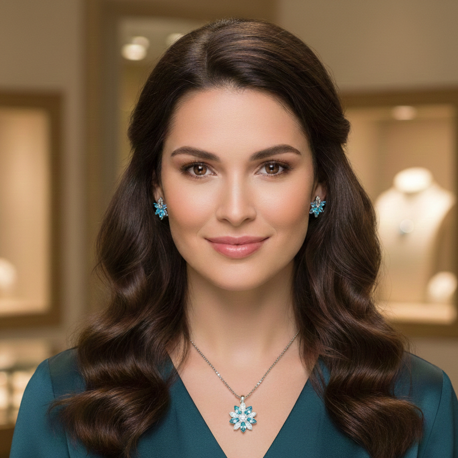 Cyan snowflake blue pendant set for women