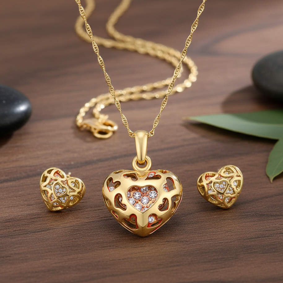 Cyan Heart shaped engraved pendant set