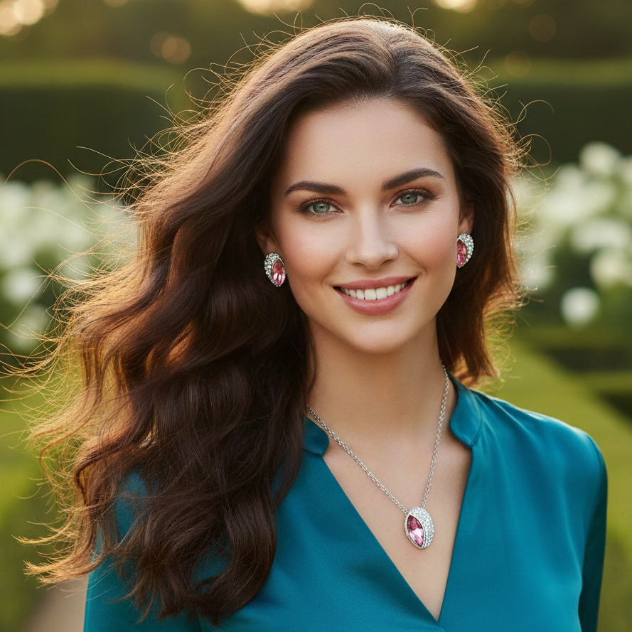 Cyan pink rhodium plated jewelry set for women