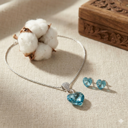 Cyan Heart Pendant of love with earrings
