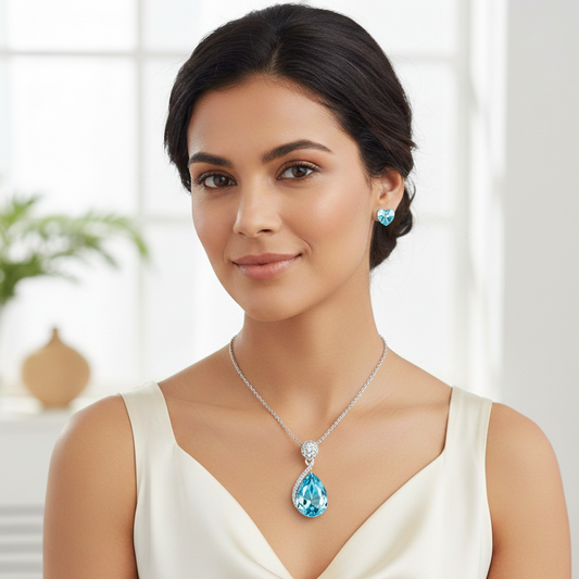 Cyan water teardrop crystal pendant set