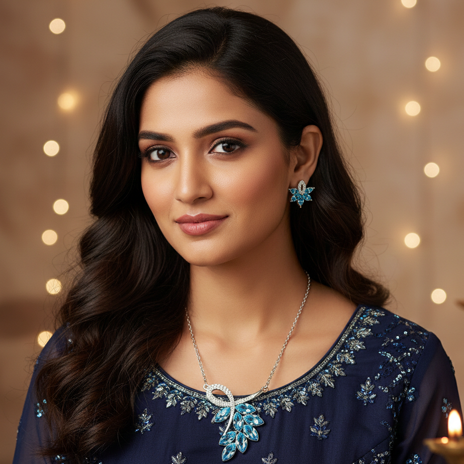 Cyan leaf style blue pendant set for women