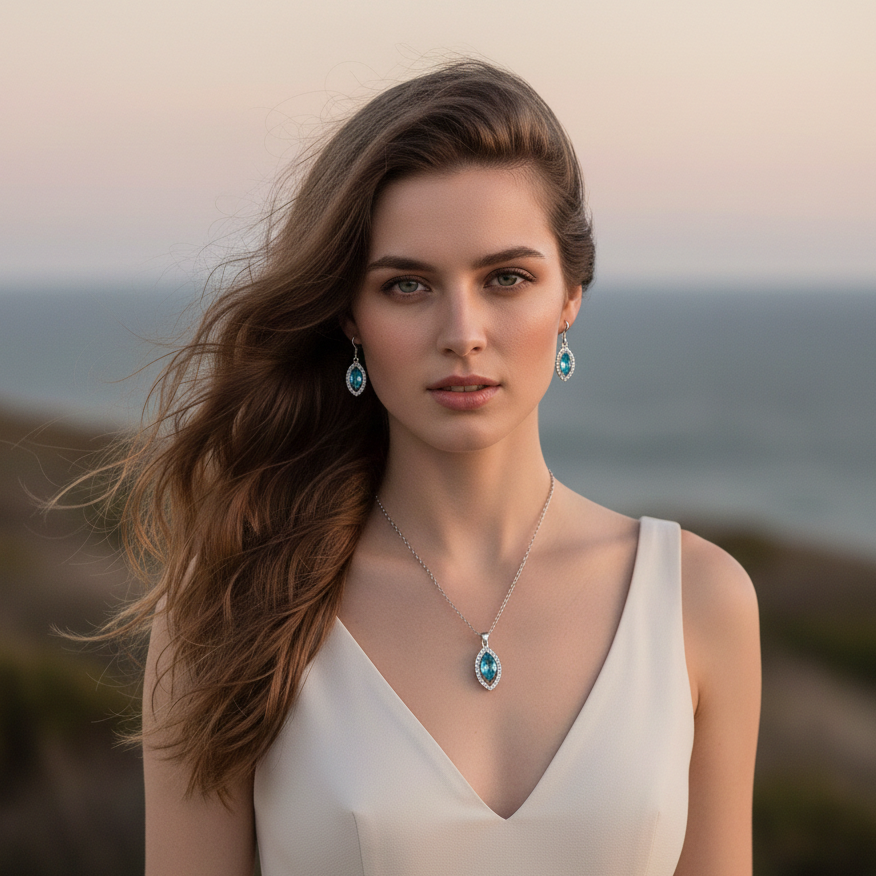 Cyan crystal eyes blue pendant set for women