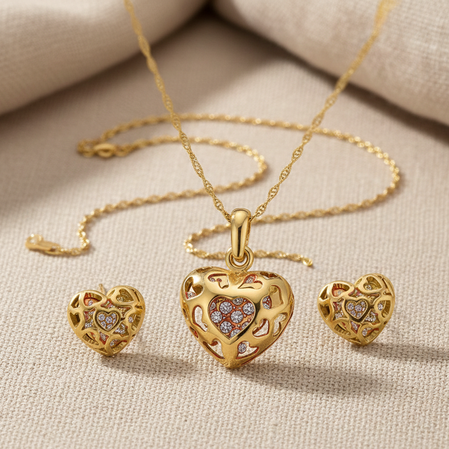 Cyan Heart shaped engraved pendant set