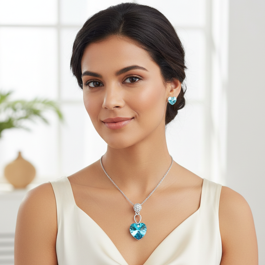 Cyan Heart Pendant of love with earrings