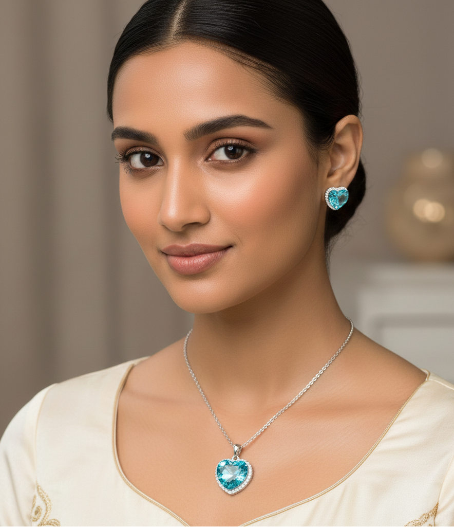 Cyan heart shaped blue pendant set for women