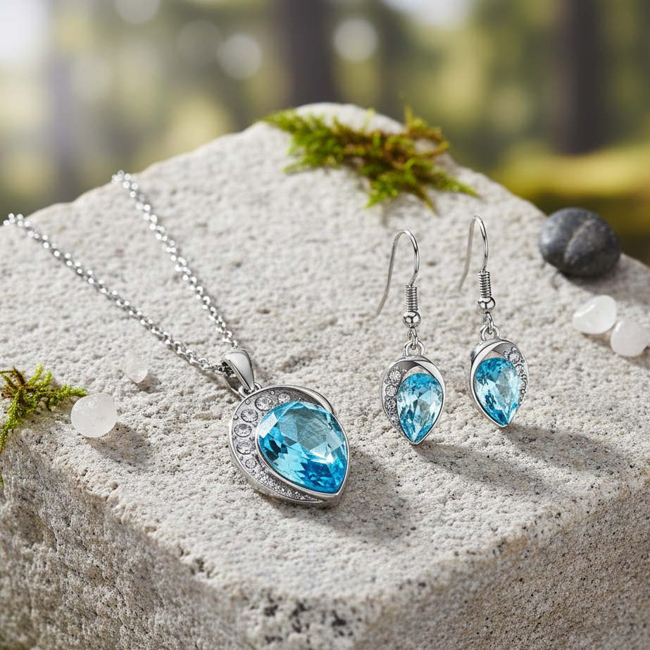 CYAN leaf design ocean blue crystal jewelry set