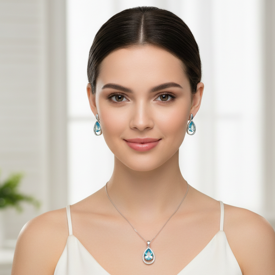 Cyan floating waterdrop blue pendant set for women