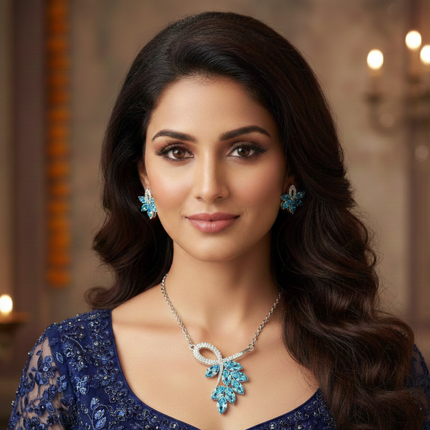 Cyan leaf style blue pendant set for women