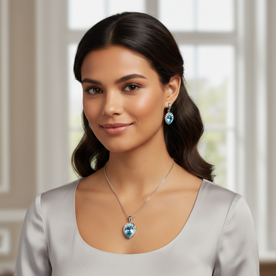 CYAN leaf design ocean blue crystal jewelry set