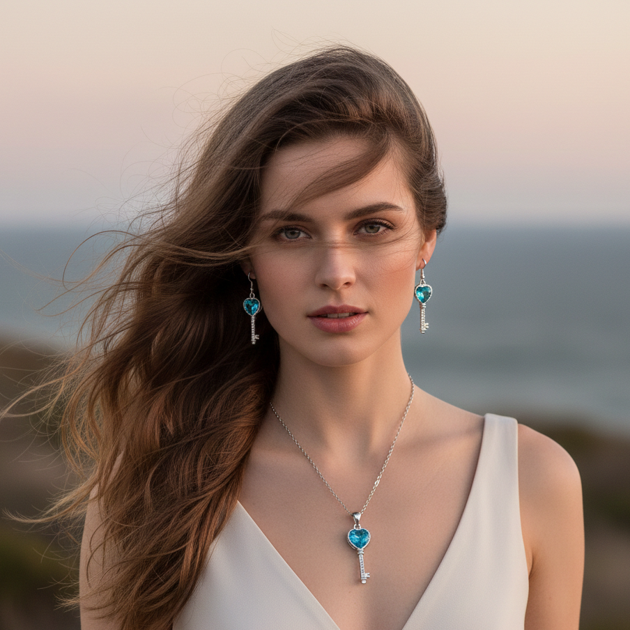 Cyan Key shaped blue pendant set for women