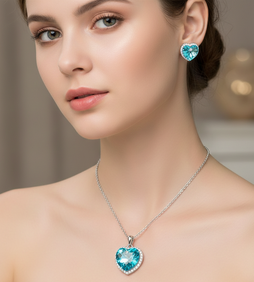 Cyan heart shaped blue pendant set for women