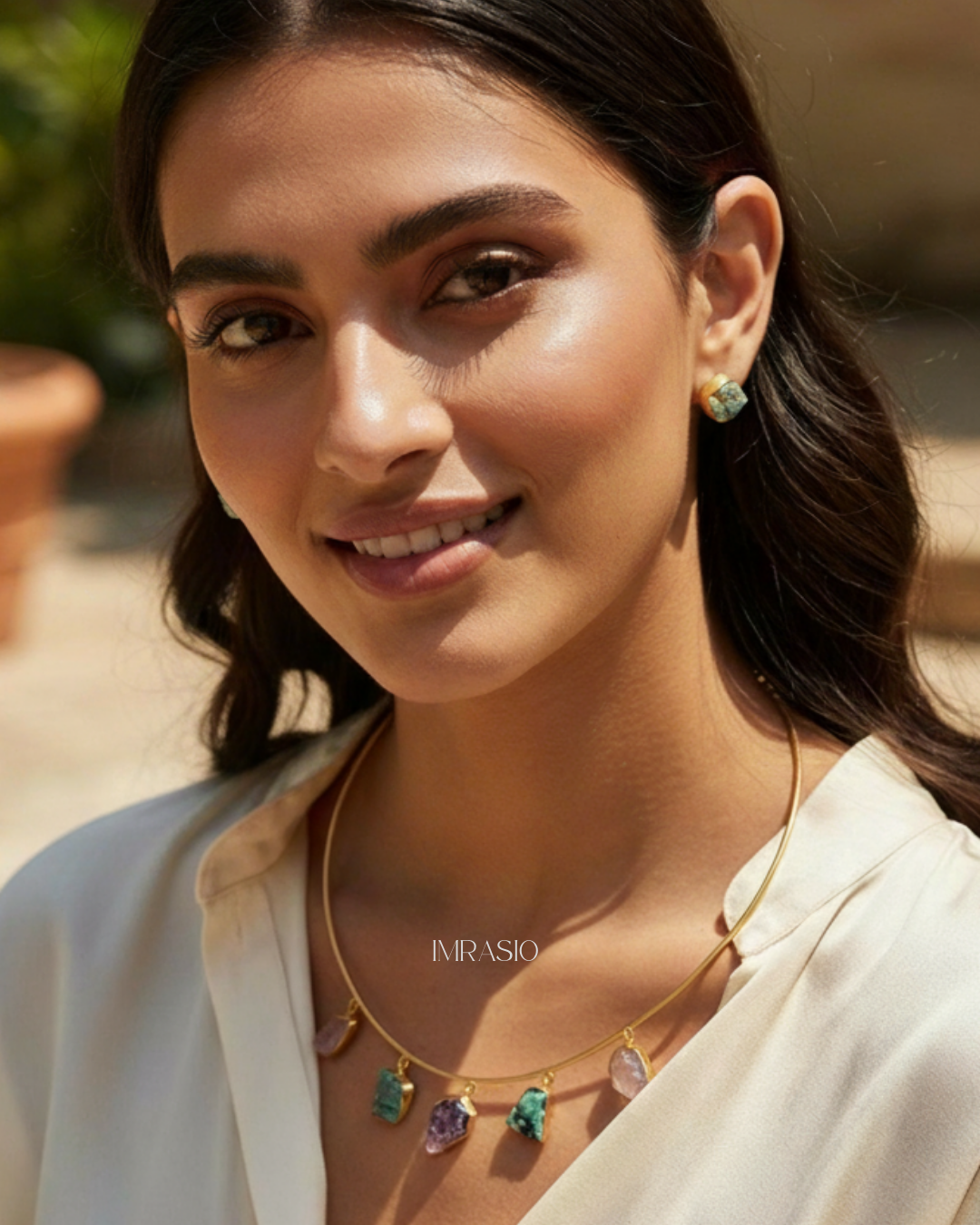 Multi-Gemstone Brass Hasli & Mismatched Stud Set