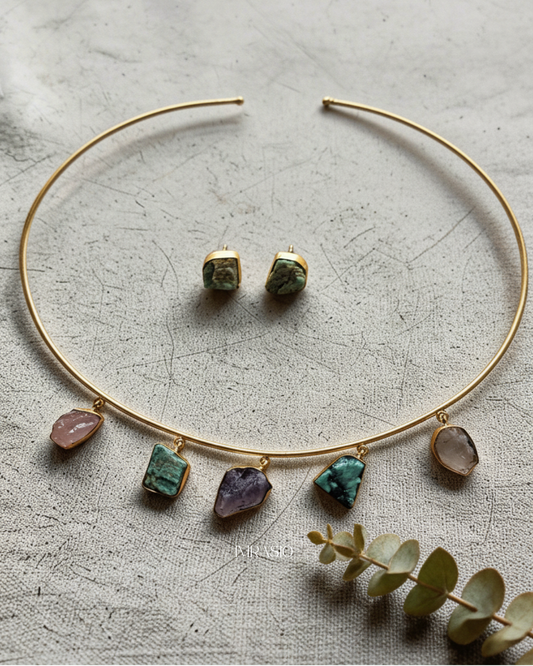 Multi-Gemstone Brass Hasli & Mismatched Stud Set