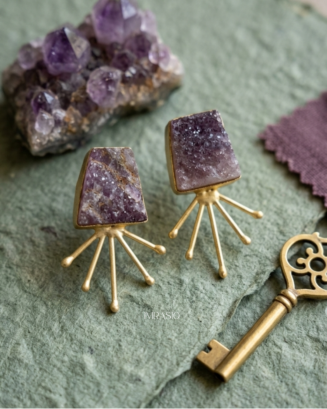 Natural Amethyst Half Sun Rays Stud Earrings