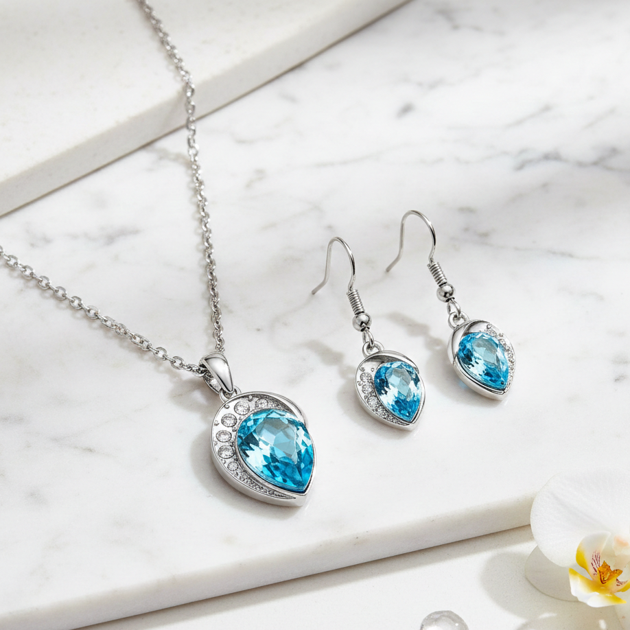 CYAN leaf design ocean blue crystal jewelry set