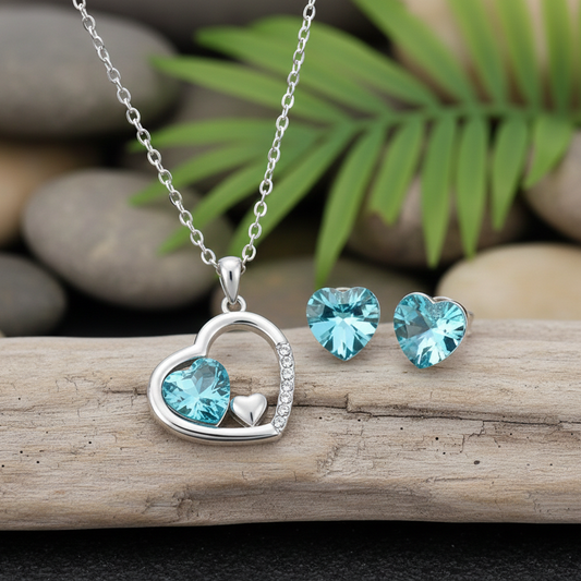 Cyan Heart Shape Austrian Crystal Rhodium plated Jewelry set