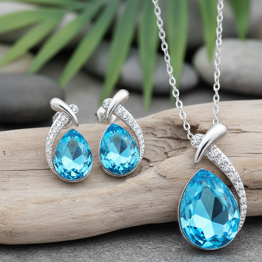 Cyan water teardrop crystal pendant set