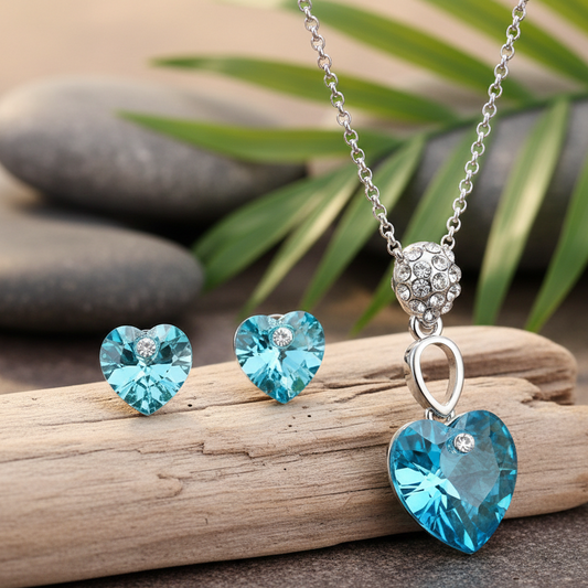 Cyan Heart Pendant of love with earrings