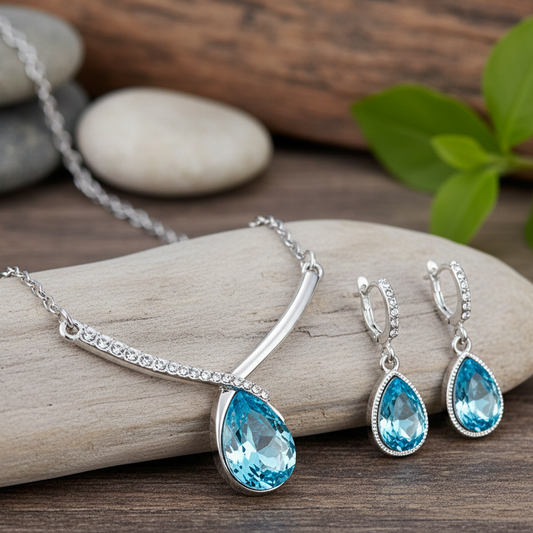 Cyan teardrop blue pendant set for women