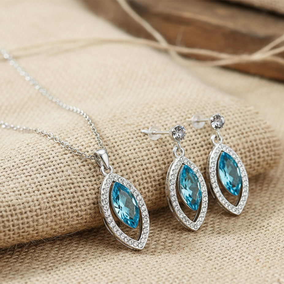 Cyan crystal eyes blue pendant set for women
