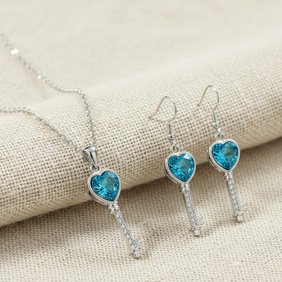 Cyan Key shaped blue pendant set for women