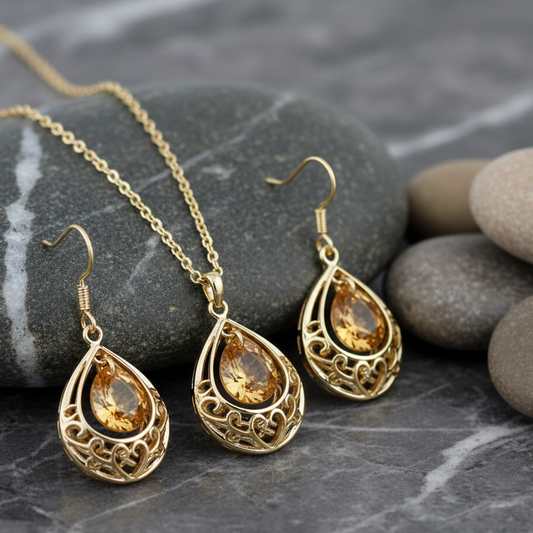 Cyan waterdrop golden pendant set for women