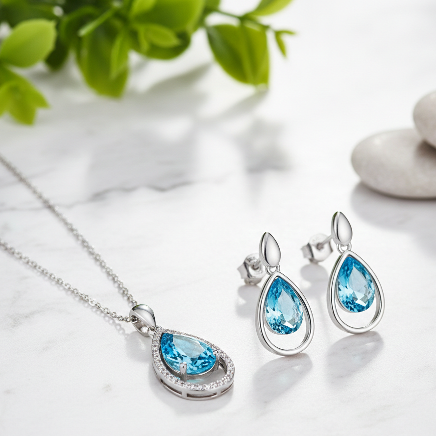 Cyan floating waterdrop blue pendant set for women