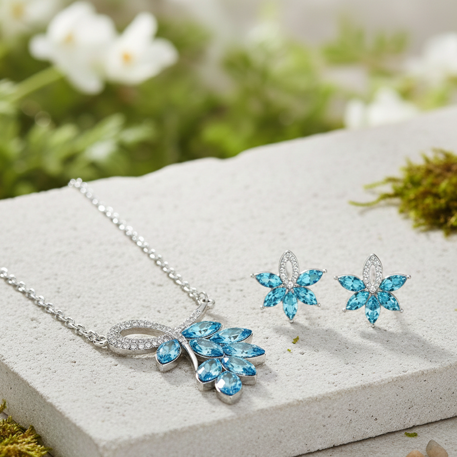 Cyan leaf style blue pendant set for women