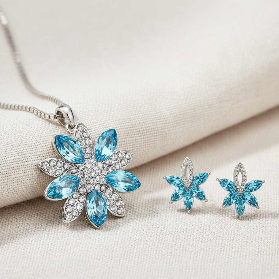 Cyan snowflake blue pendant set for women