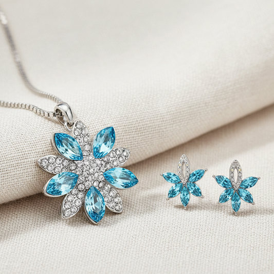 Cyan snowflake blue pendant set for women