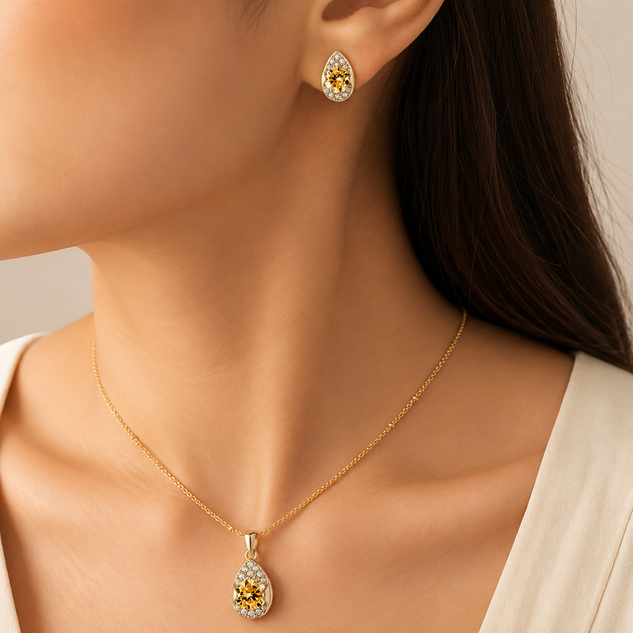 Cyan Champagne color Party Wear pendant set