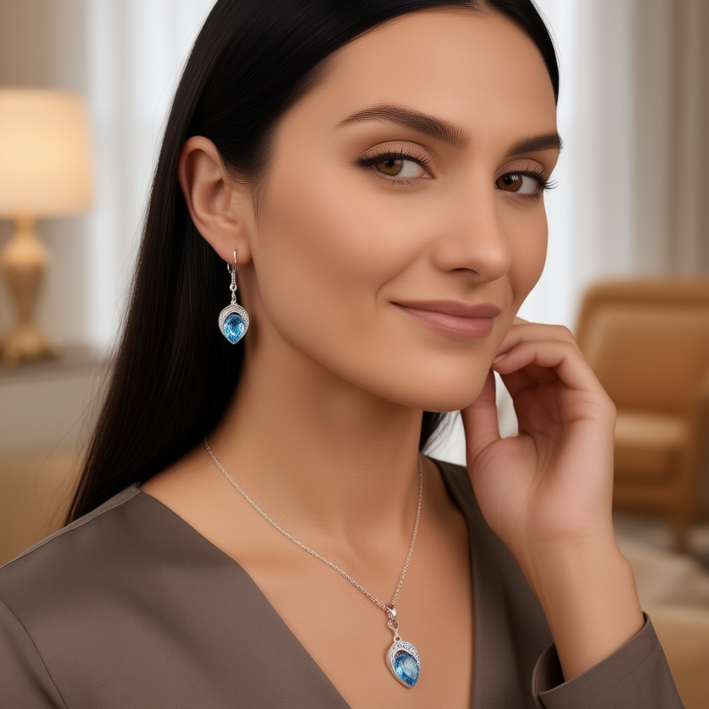CYAN leaf design ocean blue crystal jewelry set