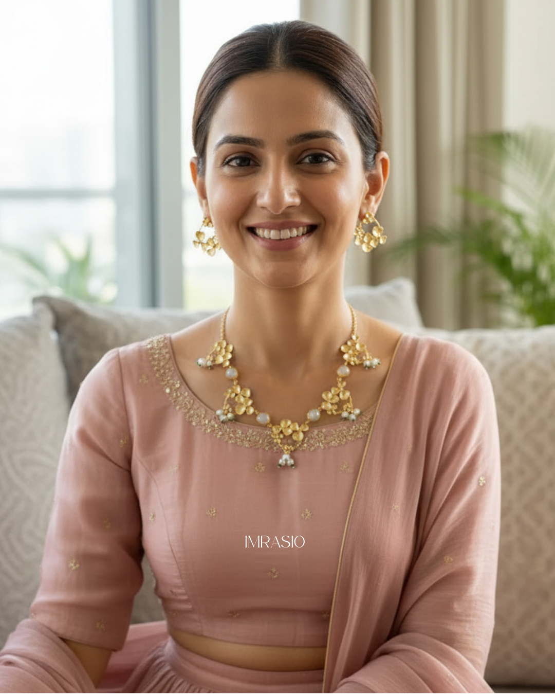 Artisan Floral Brass Statement Necklace Set with Semi-Precious Stone