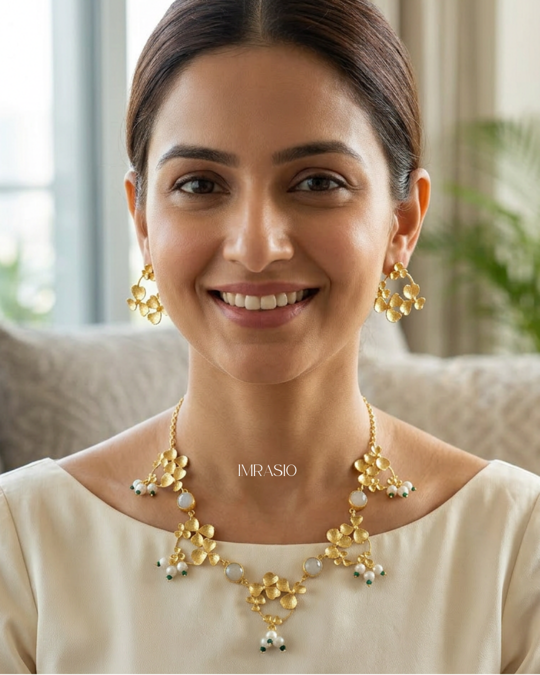 Artisan Floral Brass Statement Necklace Set with Semi-Precious Stone