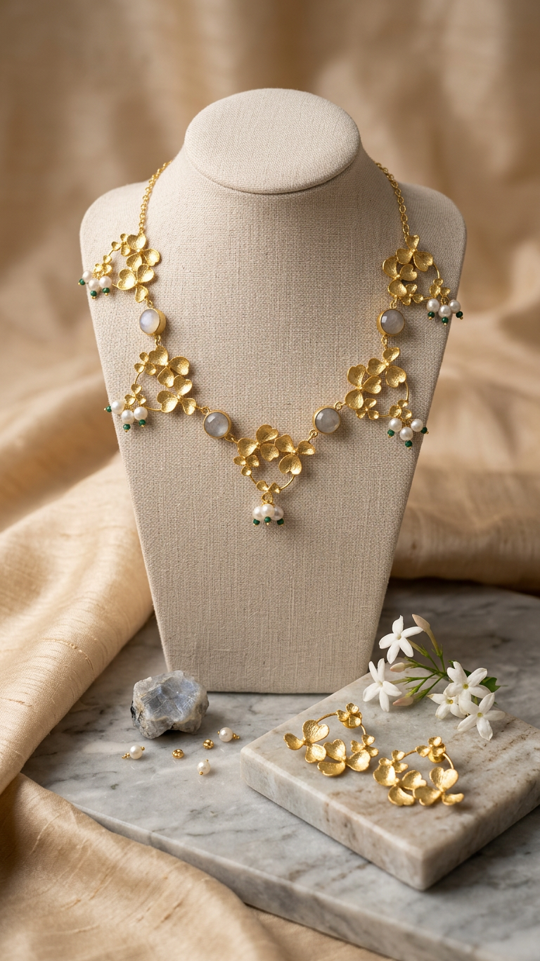 Artisan Floral Brass Statement Necklace Set with Semi-Precious Stone
