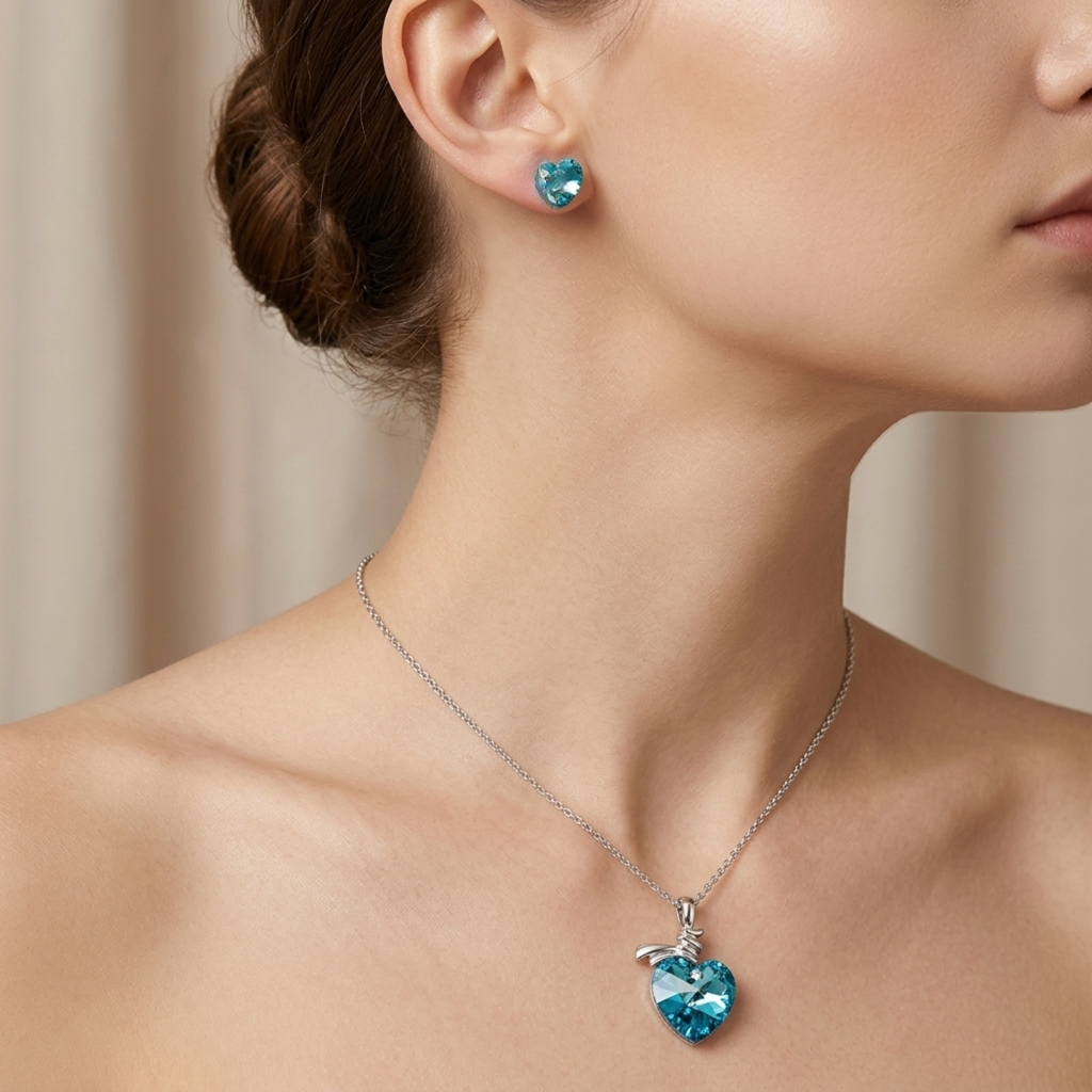 Cyan heart shaped blue pendant set for women
